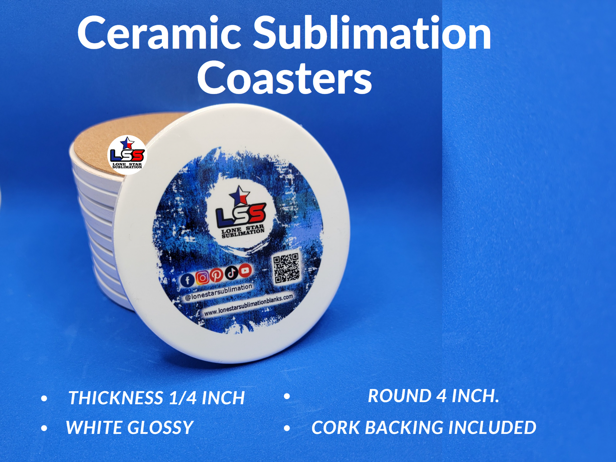 Ceramic sublimation coasters, cork backing included, single side