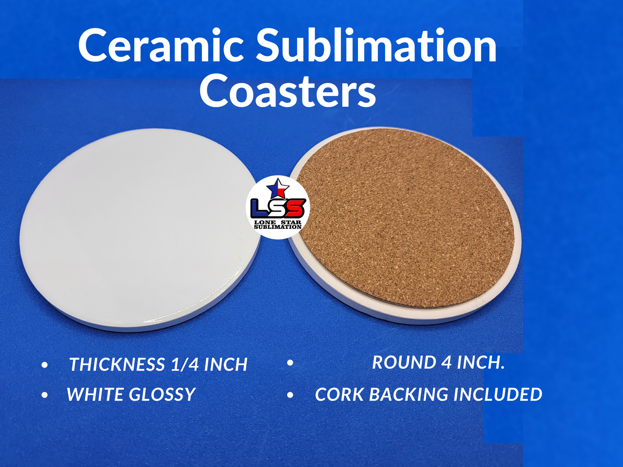 Ceramic sublimation coasters, cork backing included, single side print –  Lone Star Sublimation